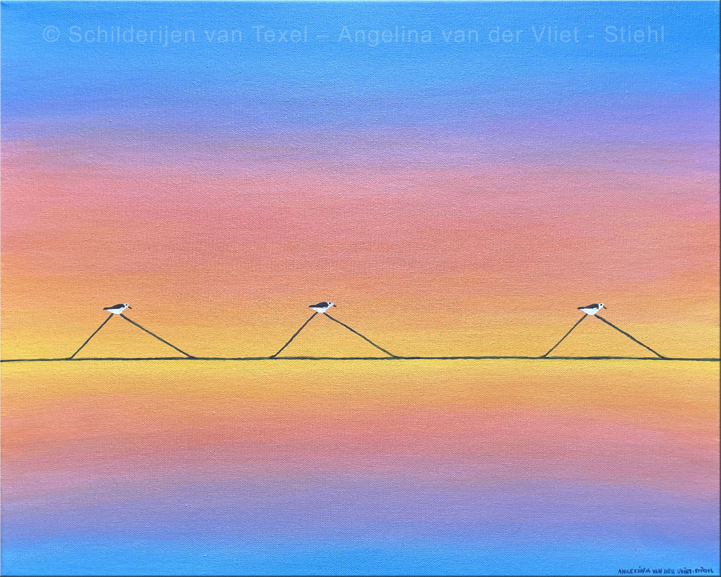 Schilderijen van Texel D,met rietenen met lange benen door Angelina van der Vliet - Stiehl