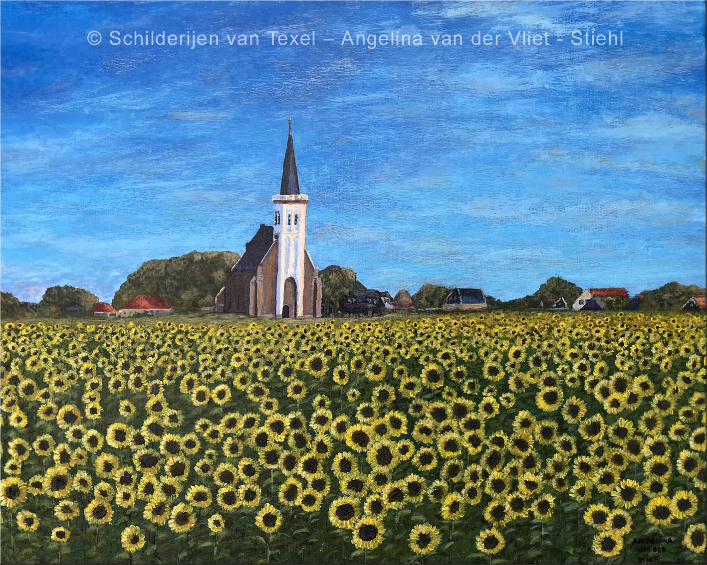 Schilderijen van Texel met het Hoornder Kerkje met zonnebloemen door Angelina van der Vliet - Stiehl
