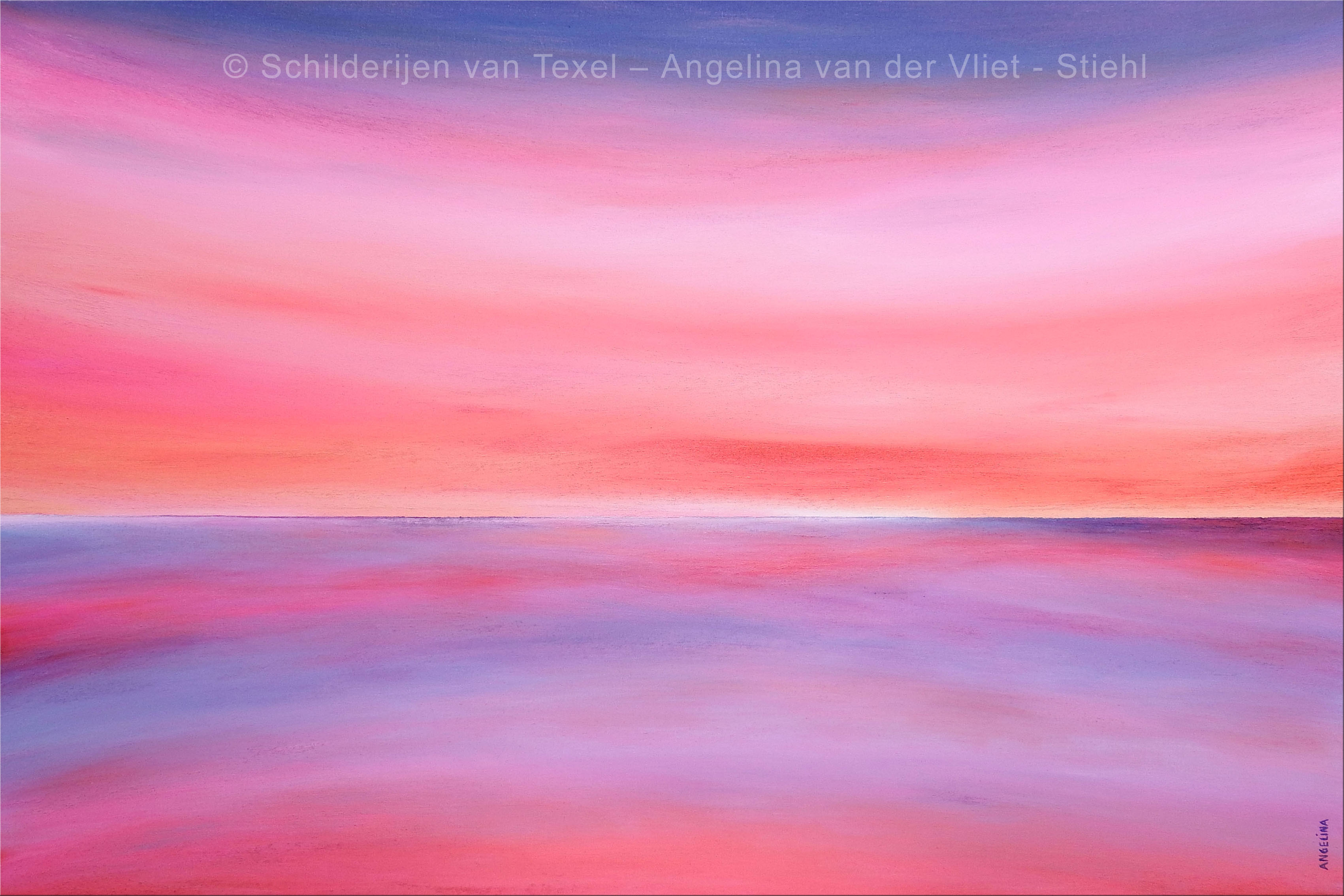 Schilderijen van Texel met oranje roze paarse zee door Angelina van der Vliet - Stiehl
