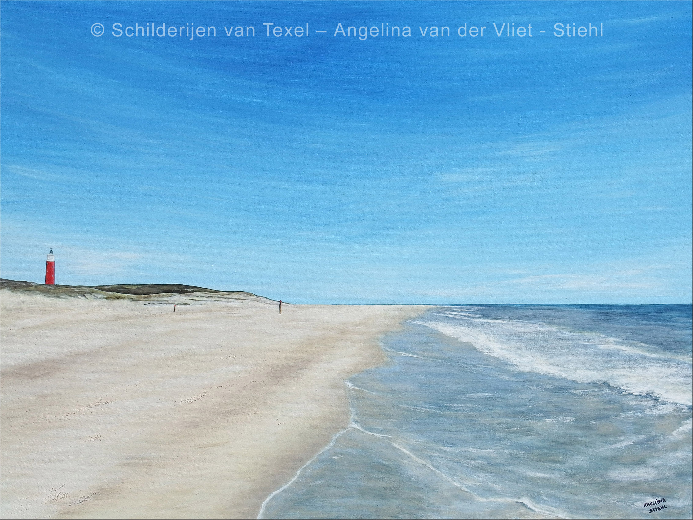 Schilderijen van Texel met het Paal 33 strand richting de Vuurtoren door Angelina van der Vliet - Stiehl