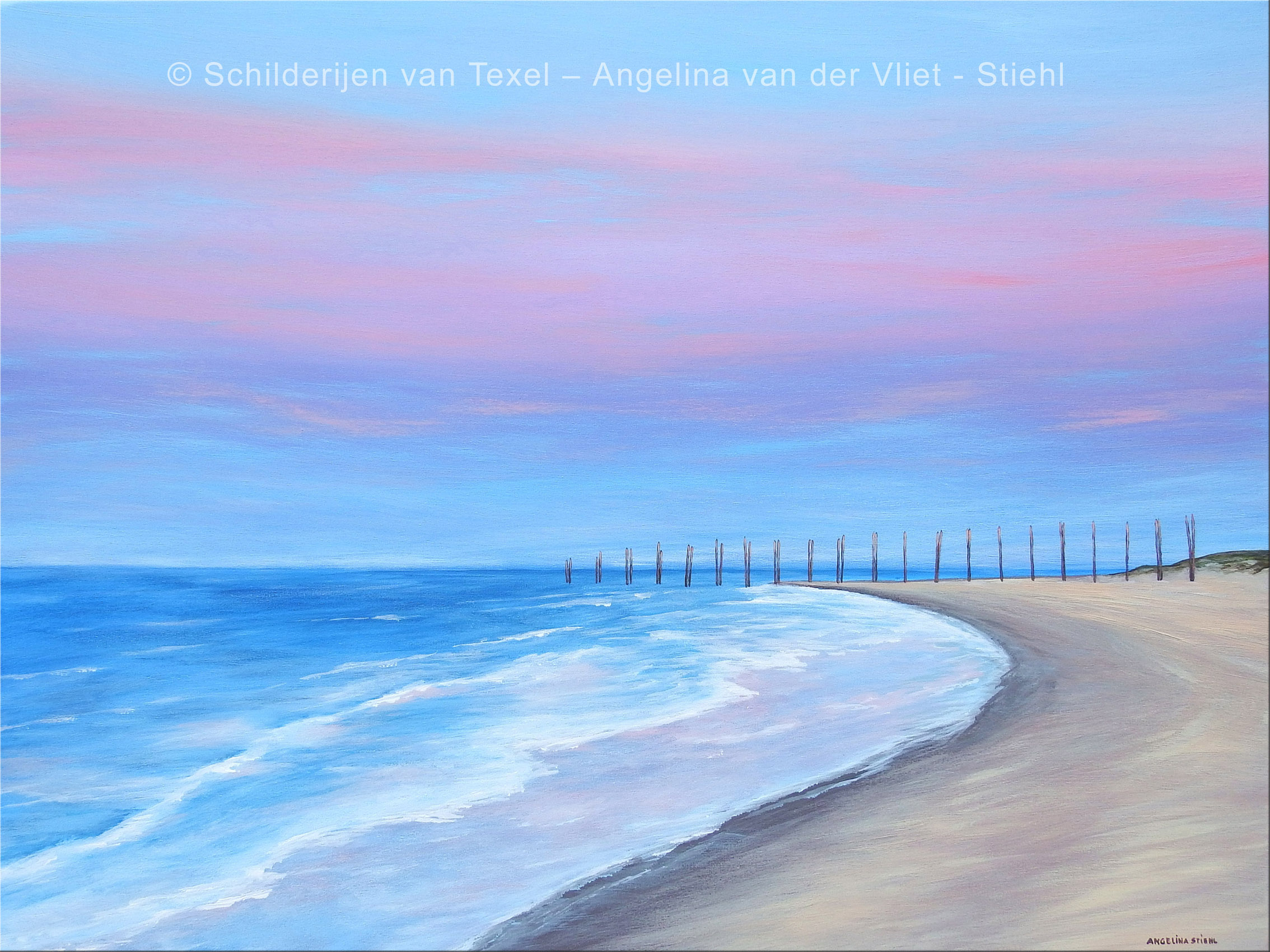 Schilderijen van Texel met het Paal 33 strand en de Steiger van Sil met avondgloed door Angelina van der Vliet - Stiehl