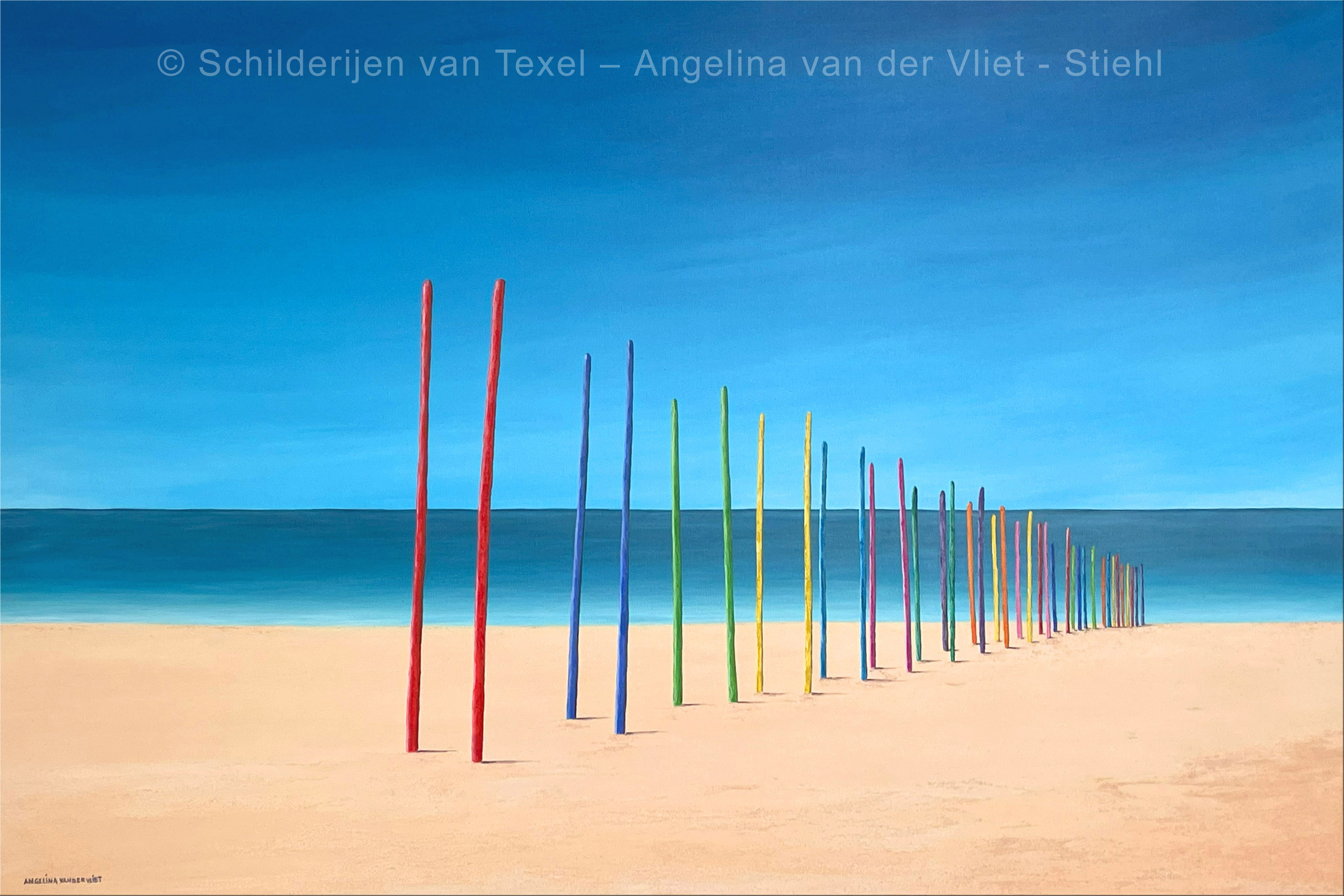 Schilderijen van Texel met de Steiger van Sil Texel met gekleurde palen door Angelina van der Vliet - Stiehl