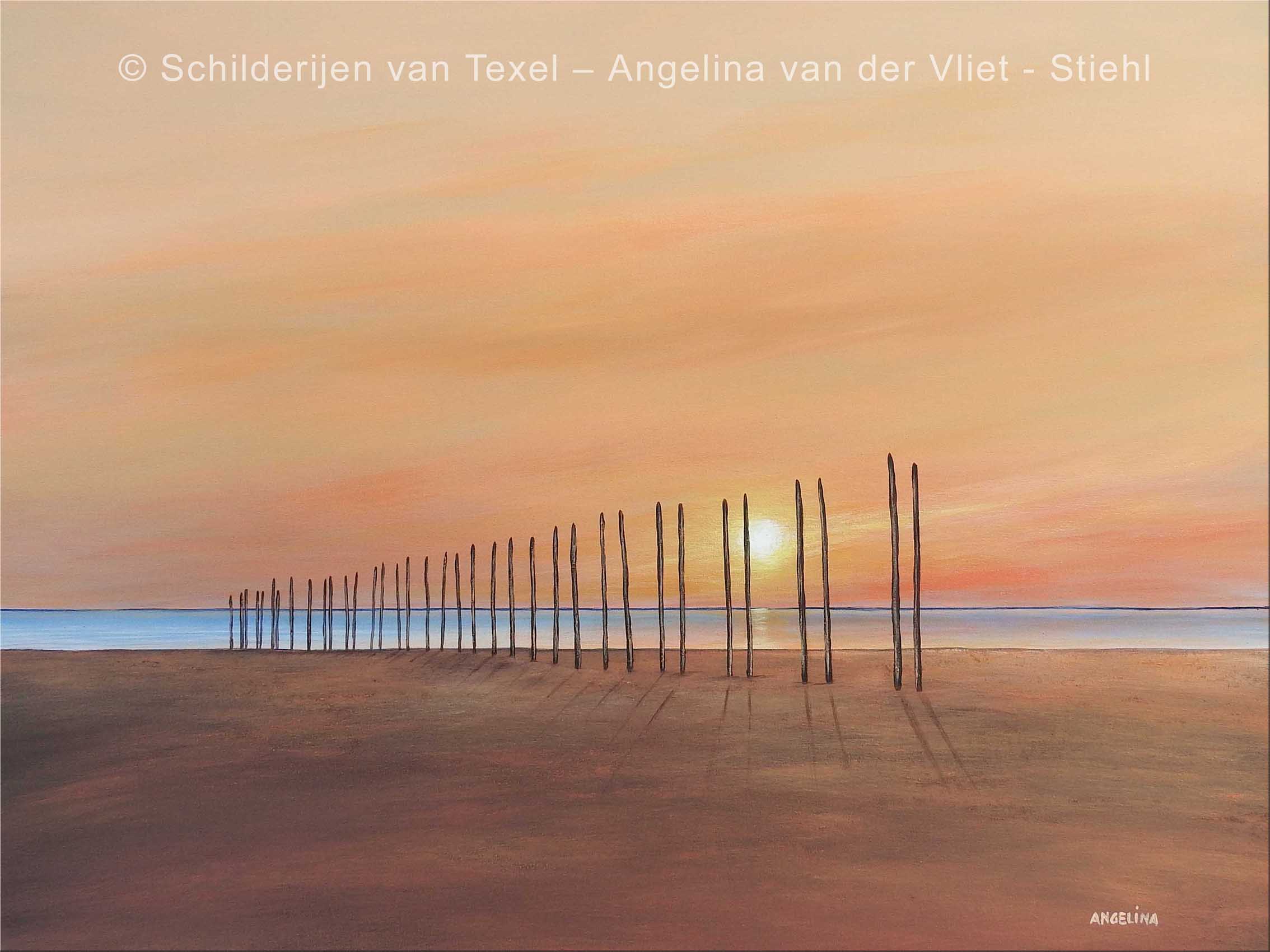 Schilderijen van Texel met de Steiger van Sil tijdens zonopkomst door Angelina van der Vliet - Stiehl