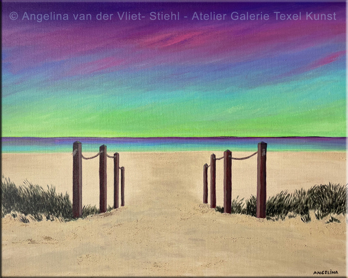 Schilderijen van Texel met de strandopgang Kaap Noord Texel met Noorderlicht door Angelina van der Vliet - Stiehl