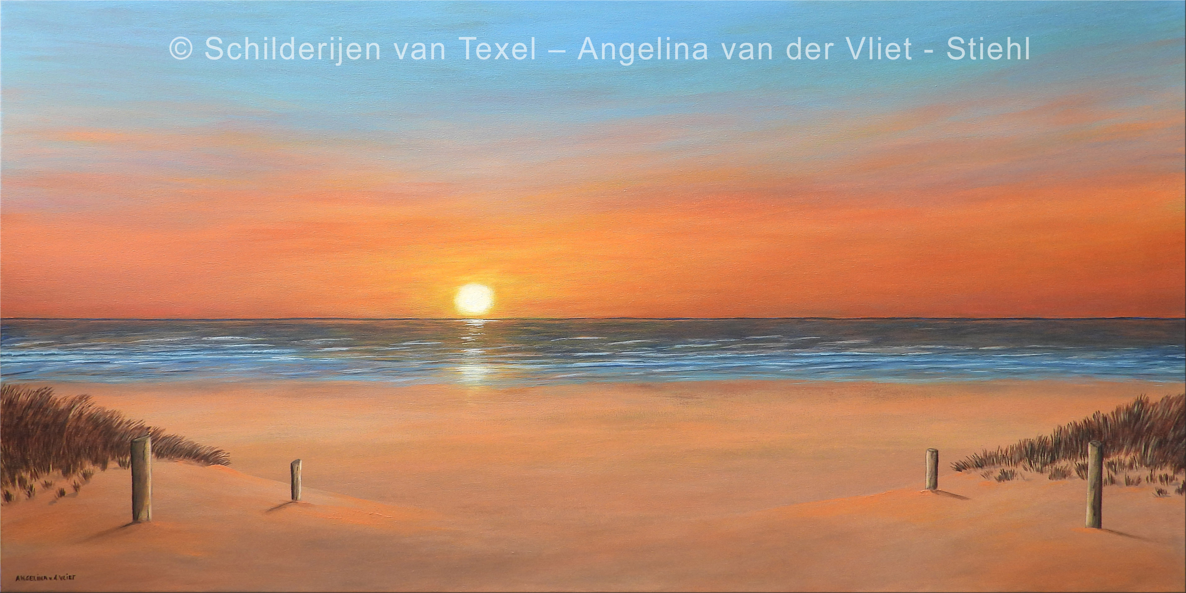 Schilderijen van Texel met de zonsondergang bij een stranopgang door Angelina van der Vliet - Stiehl
