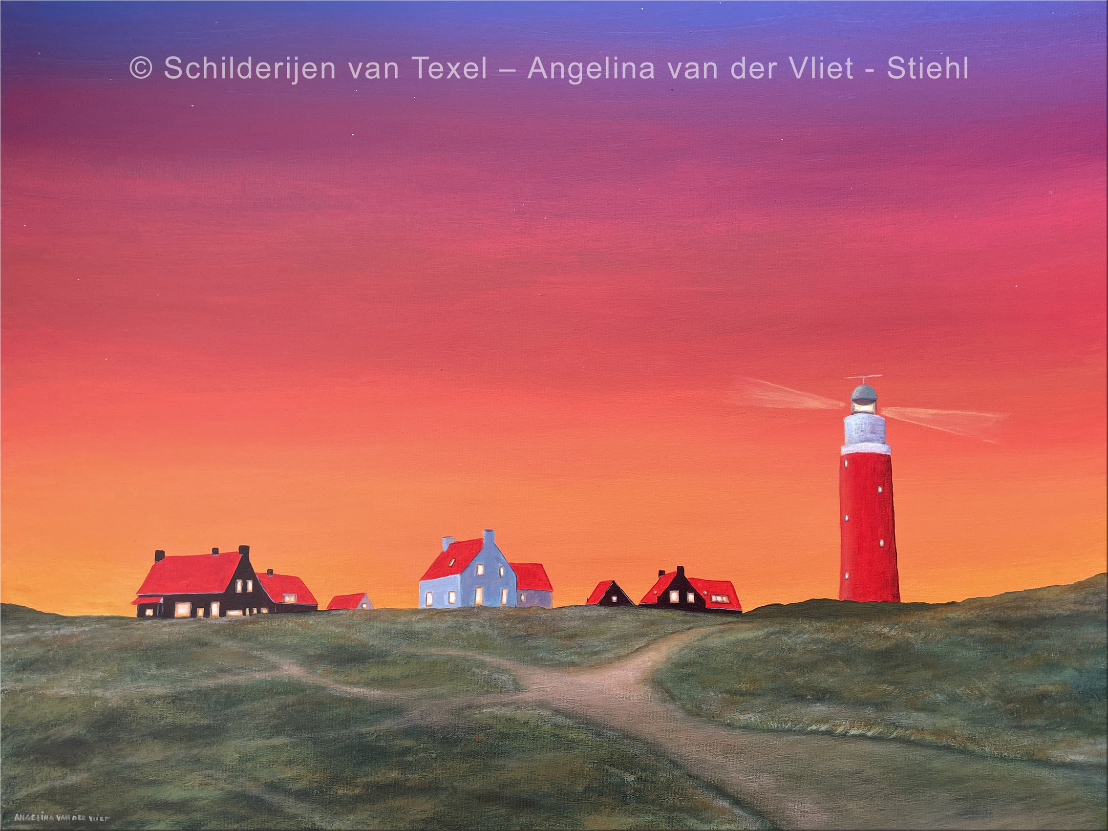 Schilderijen van Texel met een zonondergang bij de Vuurtoren door Angelina van der Vliet - Stiehl