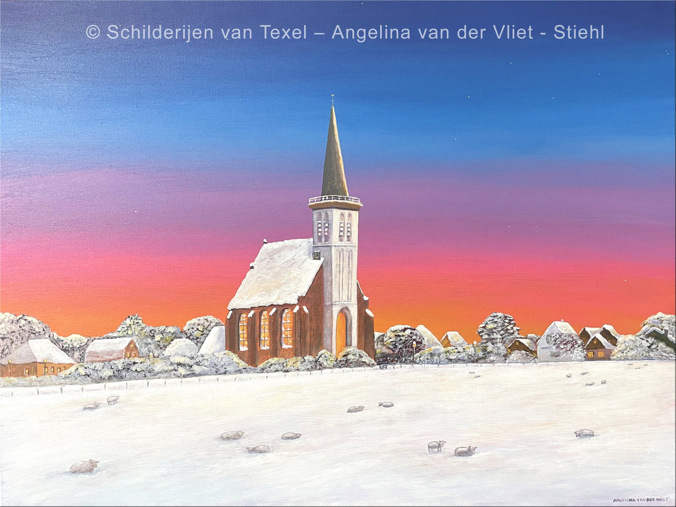 Schilderijen van Texel met het Hoornder kerkje Texel in de winter door Angelina van der Vliet - Stiehl